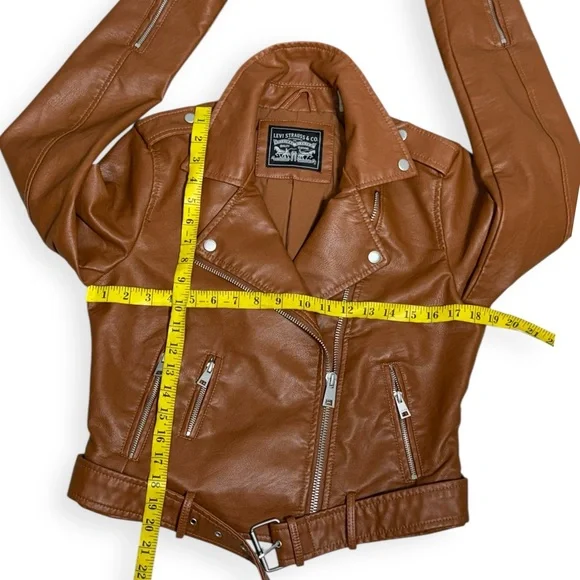 LEVI’S faux leather moto jacket cognac brown Women’s size Small 90’s style CBK - Picture 7 of 17